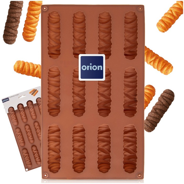Forma Pentru Fursecuri Saratele Praline Si Ciocolata, Orion, Bastonase, 29x17x1.8 cm, Silicon, Maro, Tava Cu 12 Spatii Alungite Pentru Copt Deserturi Dulci Sau Gustari Sarate, Invelis Antiaderent Flexibil, Utilizare In Cuptor Si Congelator