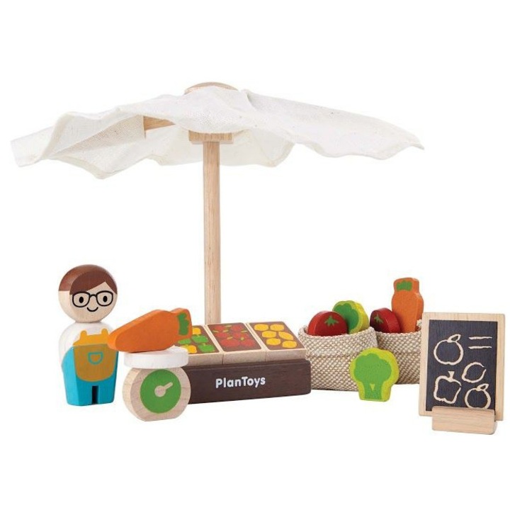 Set jucării educative, Stand de piață, Plan Toys , 15 elemente, din lemn, multicolor, 3+ ani