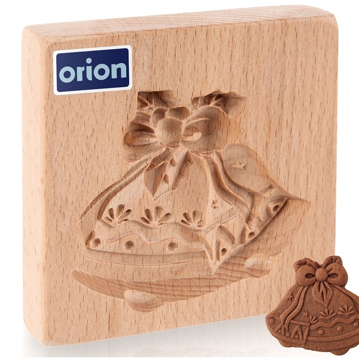 Forma Stantata Pentru Biscuiti Si Fursecuri, Orion, Clopotei, 10x10x2 cm, Lemn De Fag, Natur, Matrita Sculptata Manual Cu Model 3D Pentru Aluat Turta Dulce Martipan Si Ciocolata, Ustensila Traditionala De Patiserie Reutilizabila