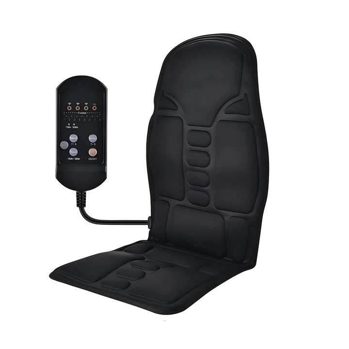 Aparat de masaj tip husa de scaun NEXTLY, cu telecomanda, 8 moduri de masaj, functie de incalzire, timer, intensitate reglabila, alimentare priza/auto, spuma cu memorie, 48x40x73cm, negru