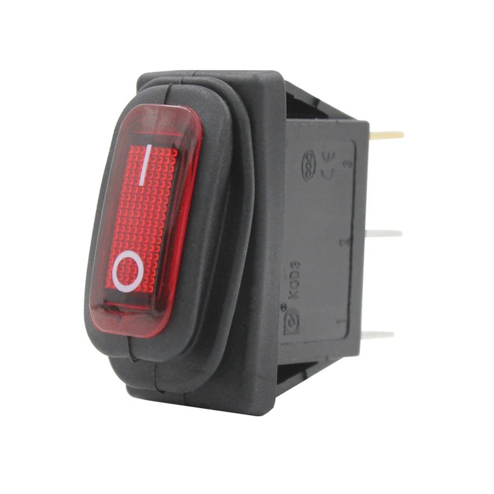 Intrerupator basculant/rocker ON-OFF cu mentinere, rosu, ermetic, SPST, 15A 250V AC, 34x17 mm, montaj panou, IP65, KCD3-101-03-RED