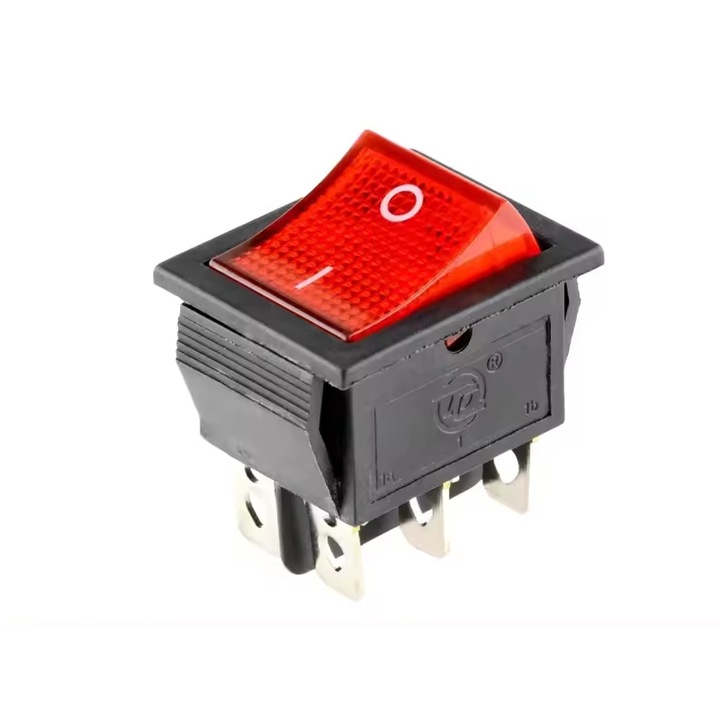 Intrerupator basculant/rocker iluminat rosu, cu mentinere, DPDT, ON-ON, 6 pini, 16A 250VAC, 20A 125VAC, IP20, FL3-KCD4-202-01-RED