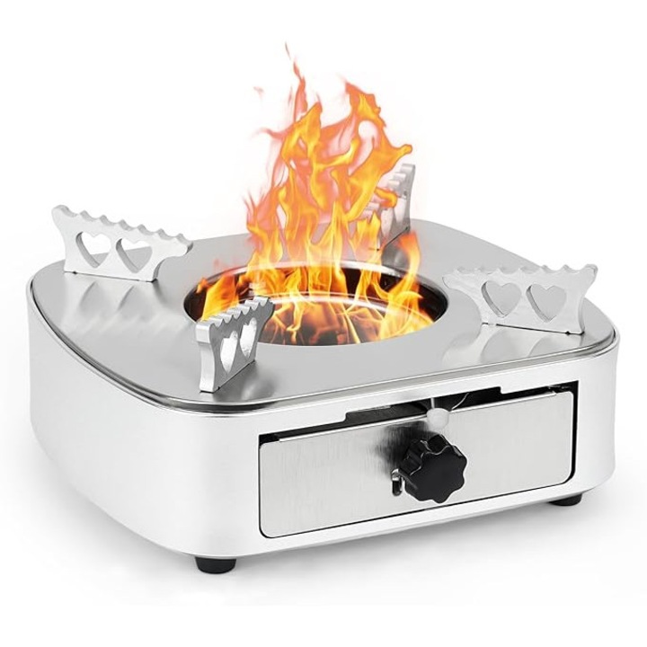 Aragaz camping pe alcool din inox, portabil, reglaj flacara, rezistent la vant