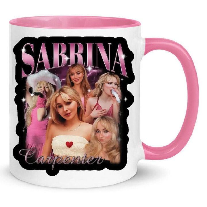 Cana ceramica 330ml Sabrina Carpenter no2, alb cu interior roz, design modern, rezistent la spalare in masina