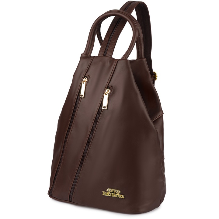 Női hátizsák valódi bőrből, Beltimore, Q59 modell, kompakt, két pánttal, sötétbarna színű, méretei 30x25x13,5cm