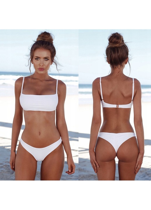 Set Costum De Baie Din Doua Piese, M, Bretele Reglabile, Cu Cupe Neintarite, Inchidere Cu Capse, Chiloti Brazilieni Decupati, Alb
