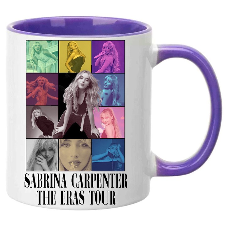 Cana ceramica 330ml Sabrina Carpenter no3, alb cu interior si maner violet, design modern, rezistent la spalare in masina