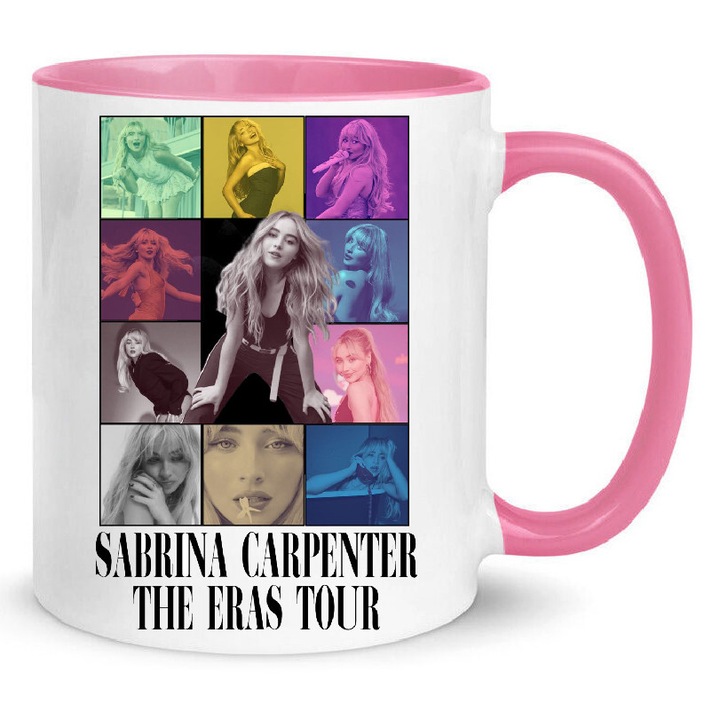 Cana ceramica 330ml Sabrina Carpenter no3, alb cu interior roz, design modern, rezistent la spalare in masina