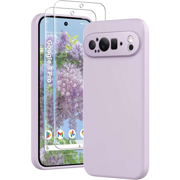 Husa telefon HuwaiH pentru Google Pixel 9 Pro, silicon, sticla intarita, liliac