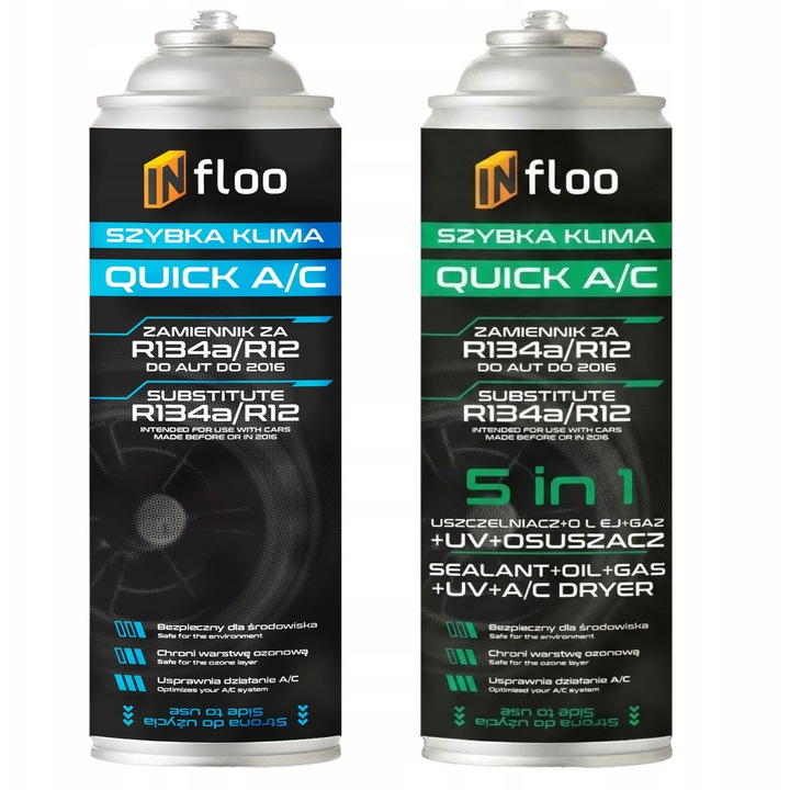 Set agent frigorific, Infloo, R134a, 5in1 + Gaz R134a, ulei, etansant, UV, desicant, auto pana in 2016, reincarcare completa, aer rece, service rapid DIY