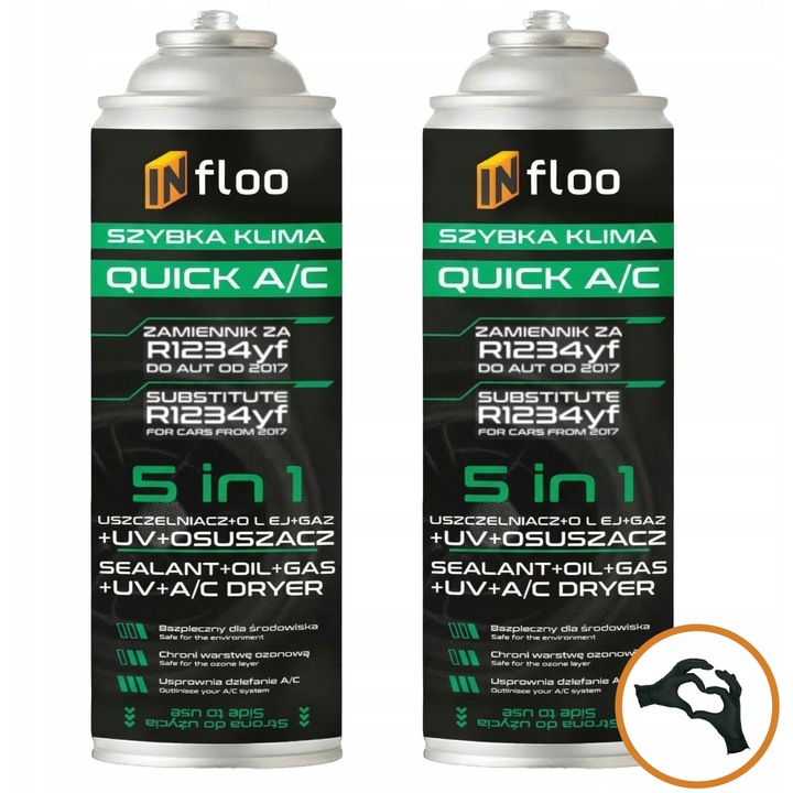 Agent frigorific 2x, Infloo, R1234yf, 5in1, gaz, ulei, etansant, UV, desicant, auto dupa 2017, rezerva dubla, performanta inalta, racire rapida, fara unelte