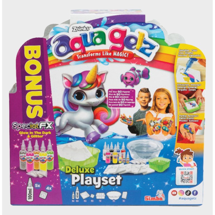 Set Aqua Gelz Deluxe, Simba, 14 butele, 6 culori, 5 cu sclipici, 3 fosforescente, 6 forme, 250 ml activator, 8 ani+