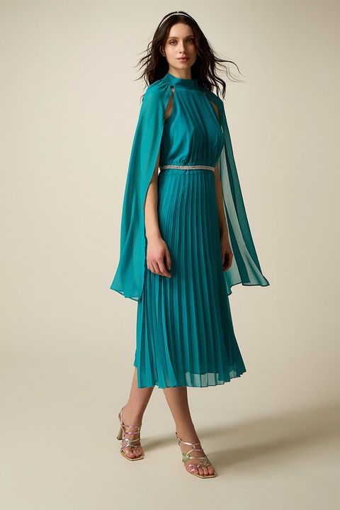 Oltre, Rochie midi cu pliuri si curea bijuterie, Turcoaz
