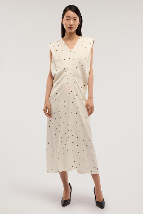 Trussardi, Rochie cu decolteu in V si buline, Gri carbon/Bej sampanie