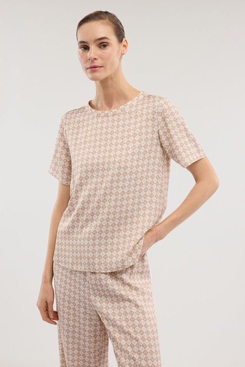 Trussardi, Tricou lejer cu model logo, Ecru/Bej inchis