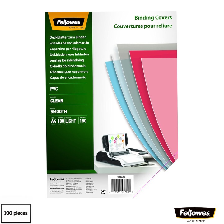 Set 100 coperti plastic A4 150 microni transparente, Fellowes, din PVC, pentru legare cu inele sau spirala