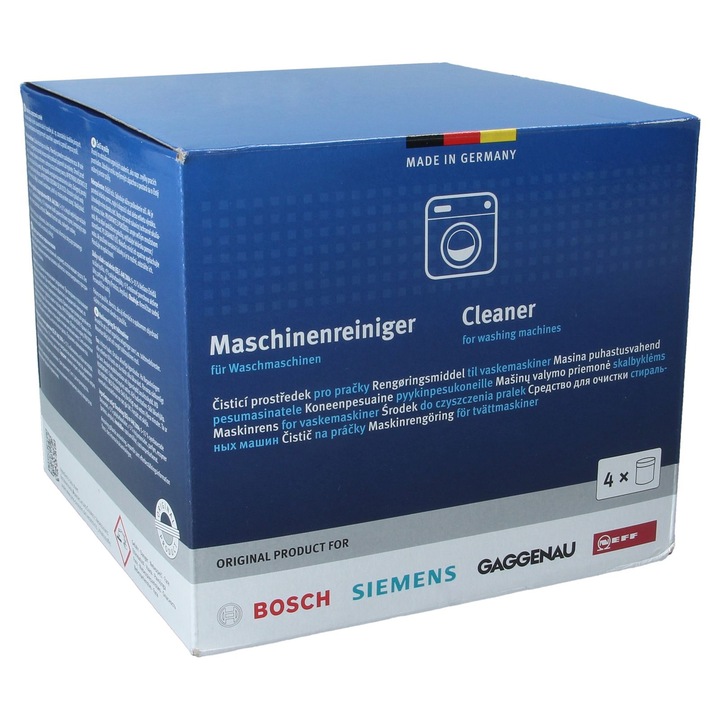 Solutie de curatare pentru masini de spalat Bosch, 200g, set 4 bucati, forma pulbere, neutrala