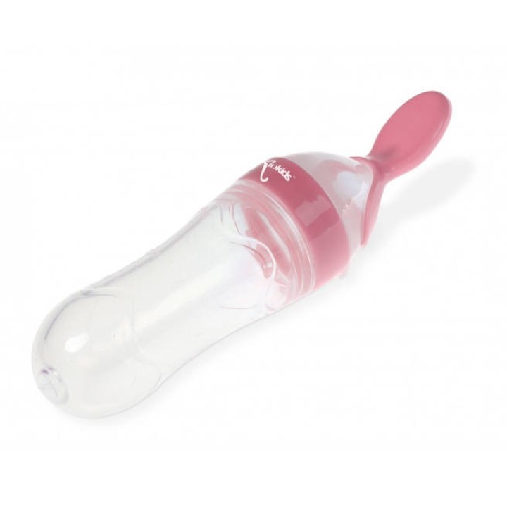 Pachet Kiokids - Recipient cu lingurita din silicon pentru hranirea bebelusilor, 90 ml, roz