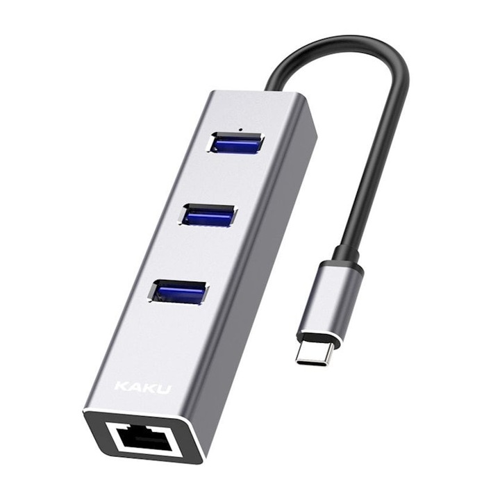 Hub multiport Kaku KSC-275, USB-C, 4-in-1, 3x USB 3.0, 1x Gigabit RJ45, Gri