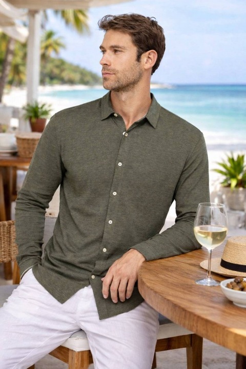 Camasa barbati din 100% in, croiala dreapta, casual, confortabila, Spasso - SP518, Kaki