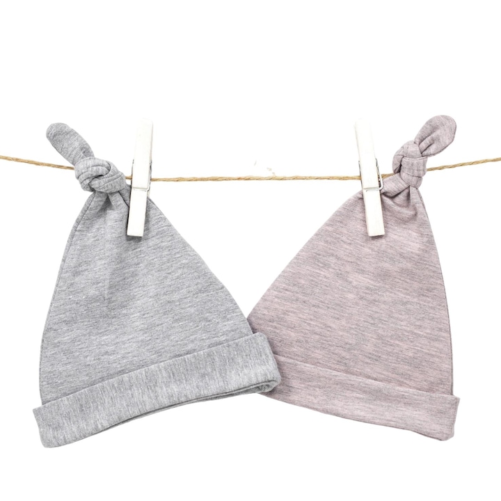 Set 2 Caciuli Sleepee, Bumbac Organic GOTS, Gri deschis si Roz, 2-4 luni