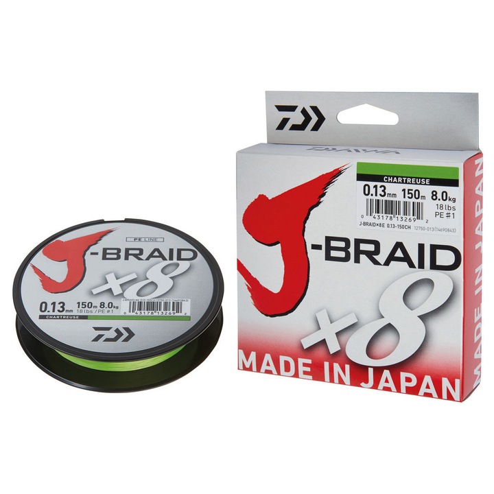 Plecione DAIWA J-Braid 0,24mm x 300m, Fluo-Seledin, 8-krotny splot, rezistenta la uzura