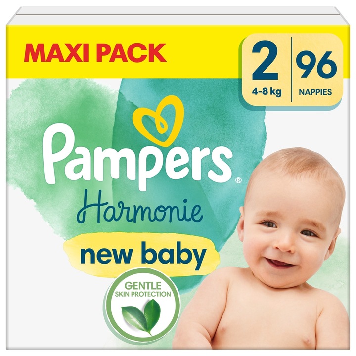 Pieluski Pampers Harmonie, rozmiar 2, 4-8 kg, 96 bucati, fara parfumuri, cu indicator de umiditate