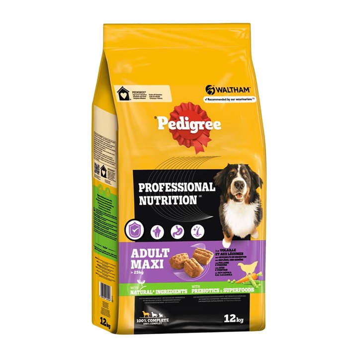 Hrana pentru caini Pedigree Adult Maxi Professional cu pui 12kg, pentru rase mari, dieta echilibrata, prebiotice