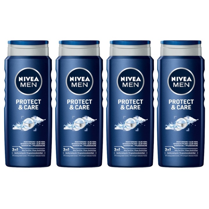 Set 4 x Gel de dus NIVEA MEN Protect & Care, 500 ml, cu aloe vera, pentru fata, corp si par
