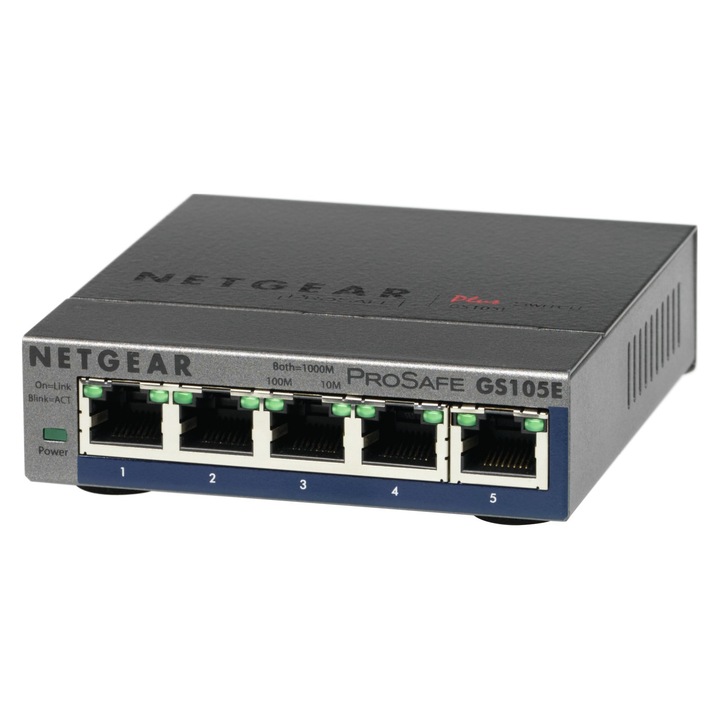 Switch fara management, Netgear, GS105E, 5 porturi, 1 GBit/s, 28x94x104mm