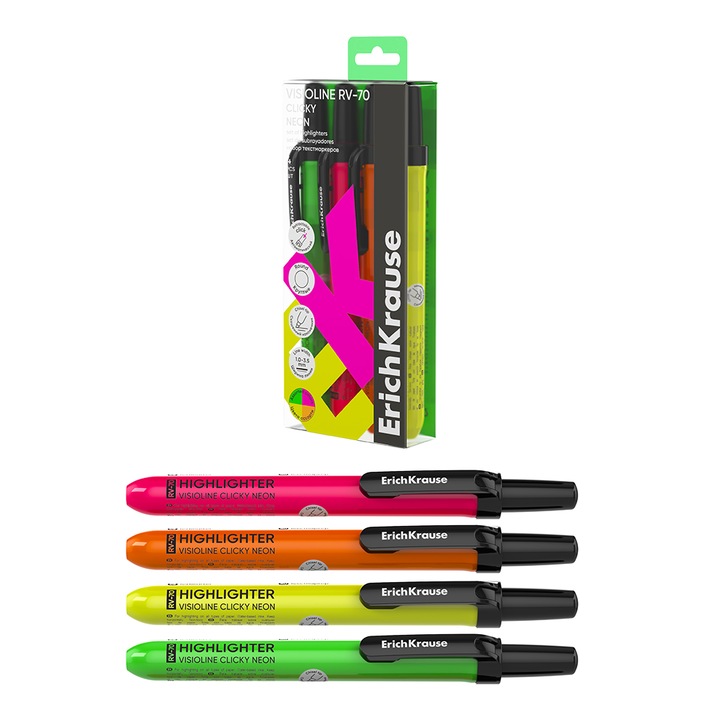 Set de evidentiatoare retractabile ErichKrause Visioline neon asortate, 3, 5mm x 1, 0mm