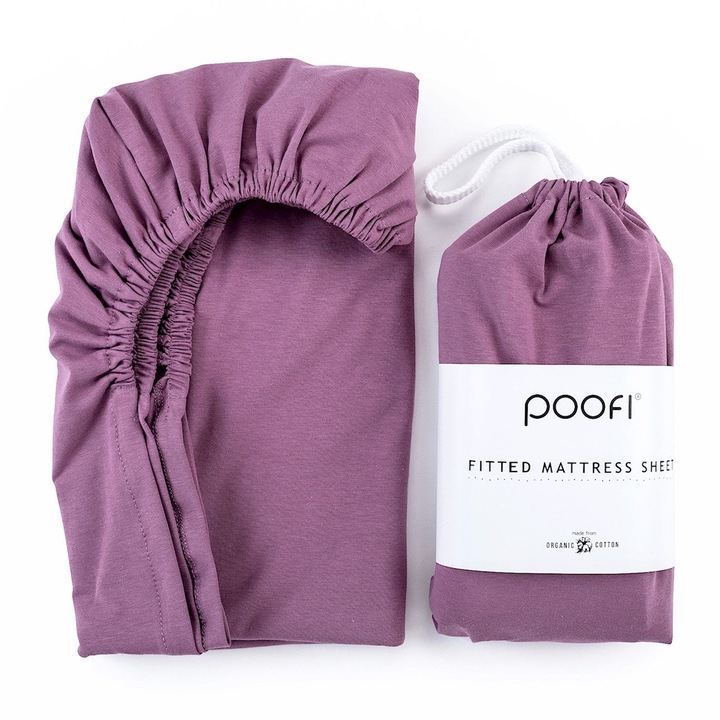 Cearceaf Poofi, violet, 60x120cm, 100% bumbac organic, certificat GOTS, cu banda elastica