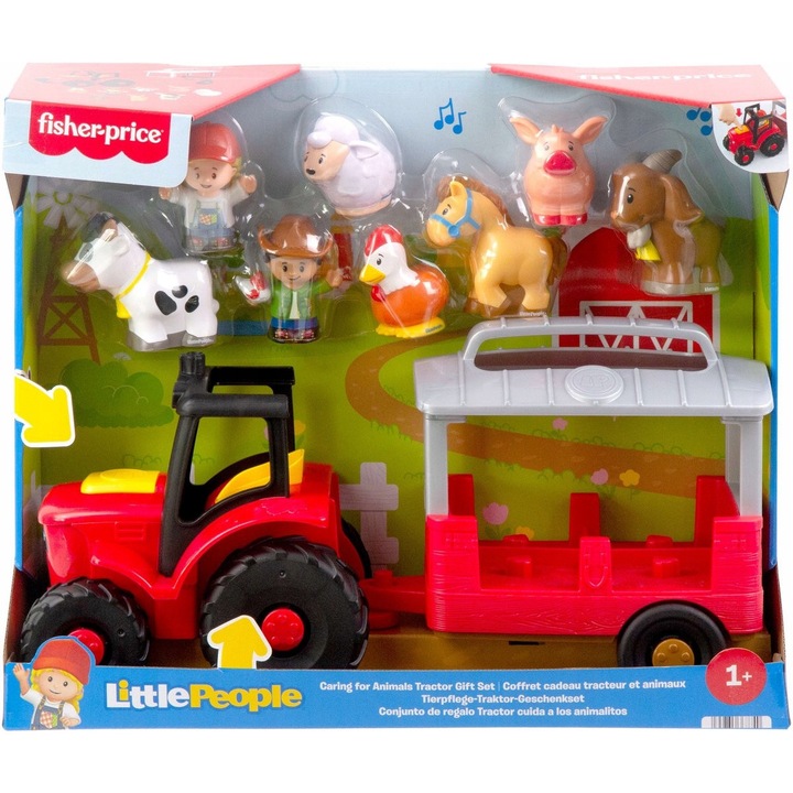 Tractor interactiv cu muzica Fisher-Price Little People, set cu 2 figurine fermier si 6 animale, 30,4x9,9x20,5cm