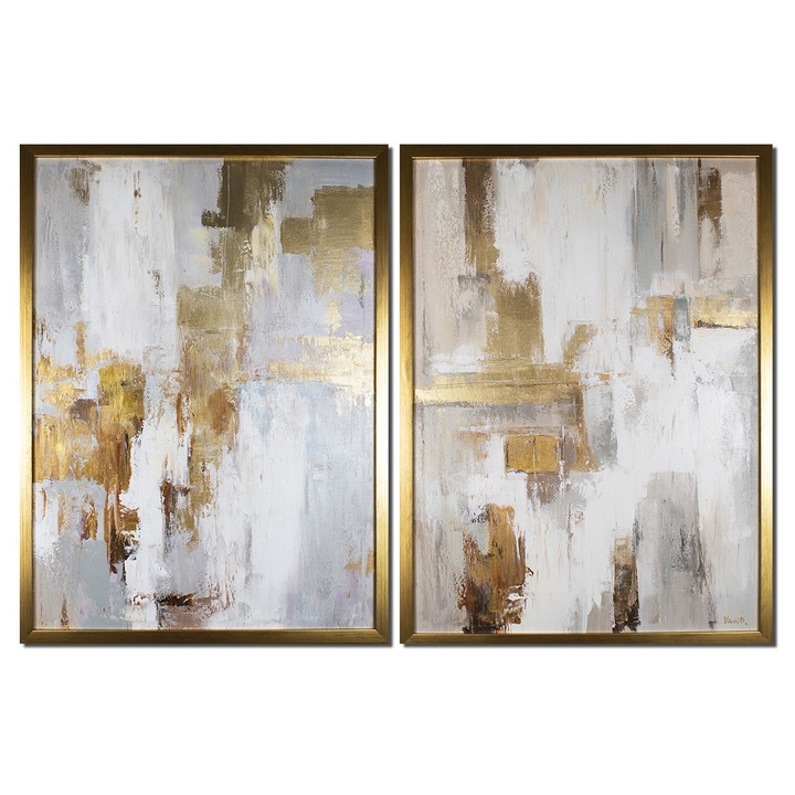 Set 2 piese tablou abstract cu auriu pictat manual inramat, Fantezie, 105x75cm ulei pe panza in relief, Vicentiu Done