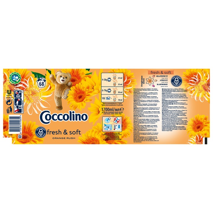 Balsam de rufe Coccolino Orange Rush, 1700 ml, parfum flori de portocal, previne electrizarea, formula concentrata