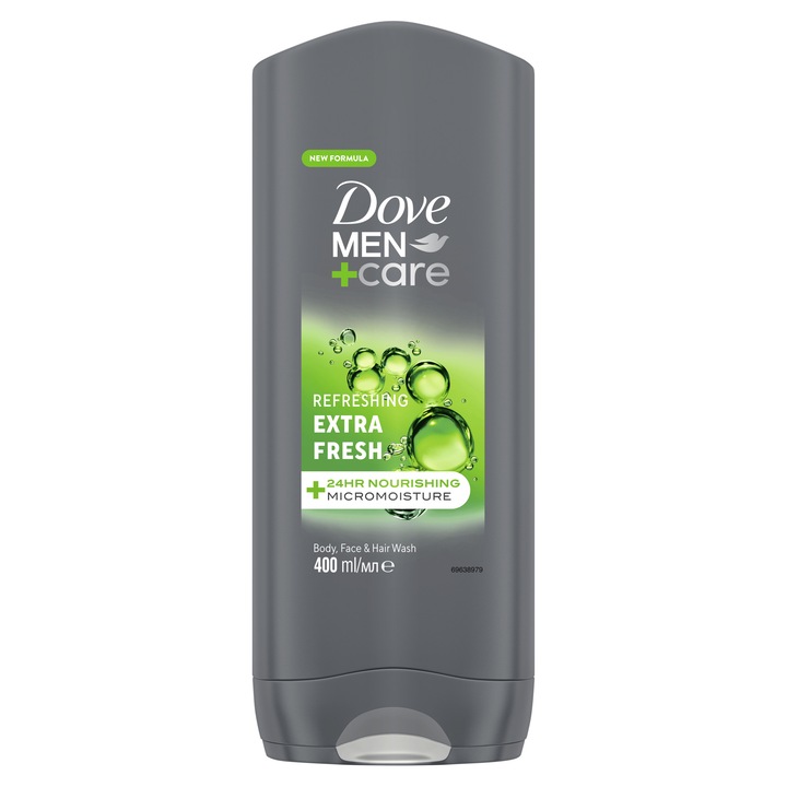 Gel de dus Dove Men+Care Extra Fresh 3 in 1, 400ml, pentru fata, corp si par, cu efect de hidratare, parfum masculin