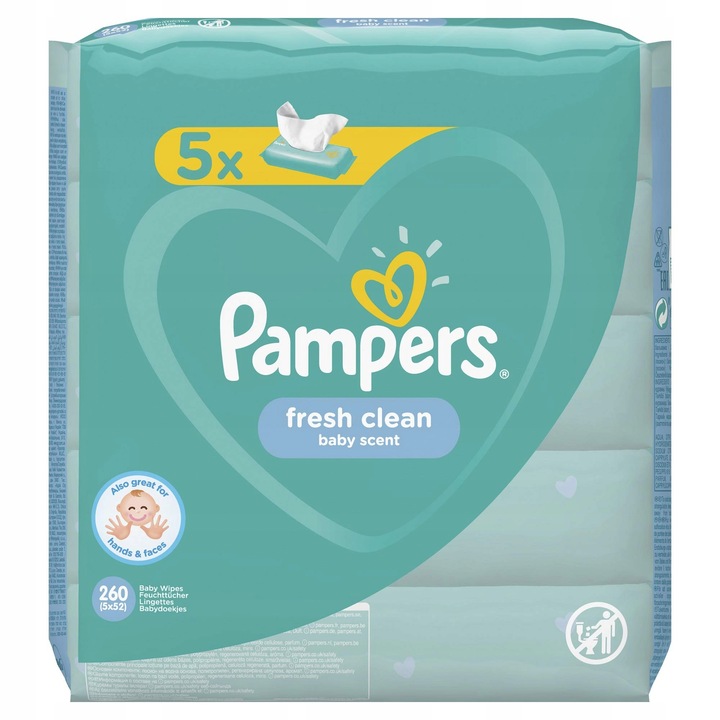 Servetele umede Pampers Fresh Clean, 15 x 52 bucati, cu formula delicata, fara alcool