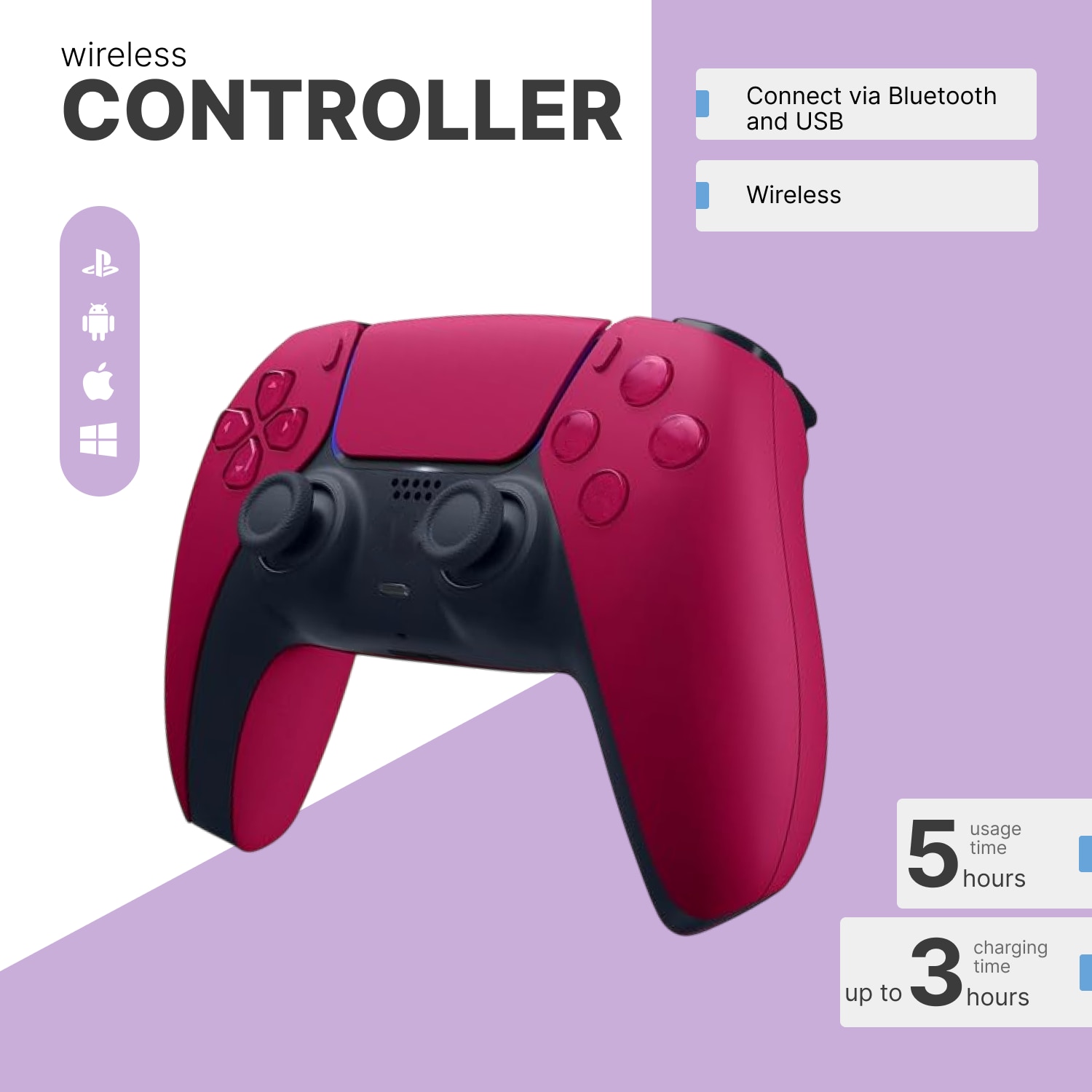 Controller Wireless Dual-Sense, rosu, incarcare TYPE-C, senzor de miscare, set pentru PS5 si PS4