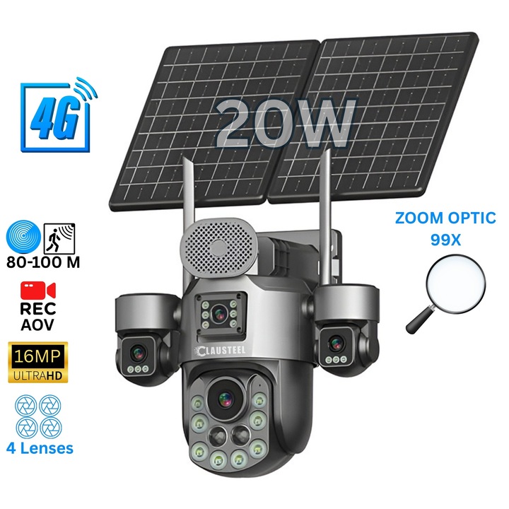 Camera De Supraveghere Profesionala, CLAUSTEEL®, Camera De Supraveghere Profesionala 16MP UHD 4G SIM 4 Lentile, Exterior, Panou Solar Dublu 20W, Acumulator 32100mAh, Zoom Optic99X, AOV 24/7, Detectie Radar 80-100m, IR 30m, Audio Bidirectional, IP66, Negru