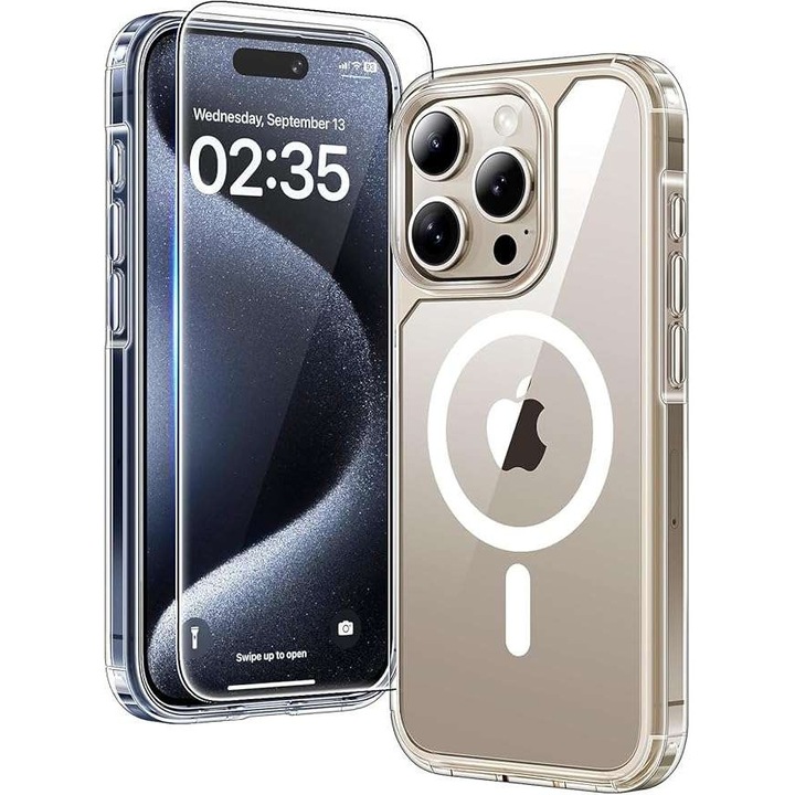 Husa telefon TAURI pentru iPhone 15 Pro, transparenta, cu MagSafe, set cu sticla protectoare