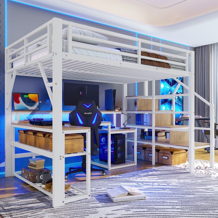 Pat supraetajat Sweiko, 140x200cm, cadru din metal, birou cu port USB, alb