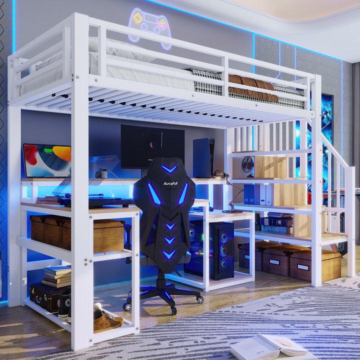 Pat supraetajat 90x200, Sweiko, metal, compartimente de depozitare, scara cu spatiu de depozitare, alb