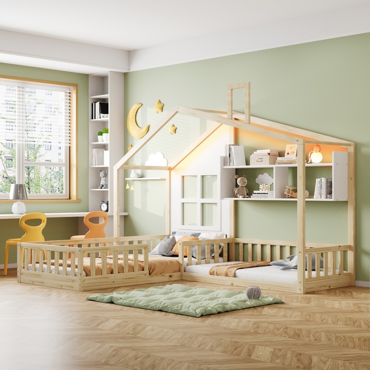 Pat pentru copii cu design casă, iluminare LED, rafturi, lemn natural, 90x200 cm