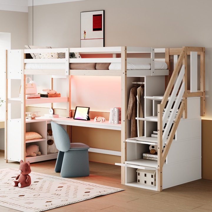 Pat supraetajat din lemn Sweiko 90x200, cu birou, dulap, scara cu spatiu de depozitare, LED multicolor