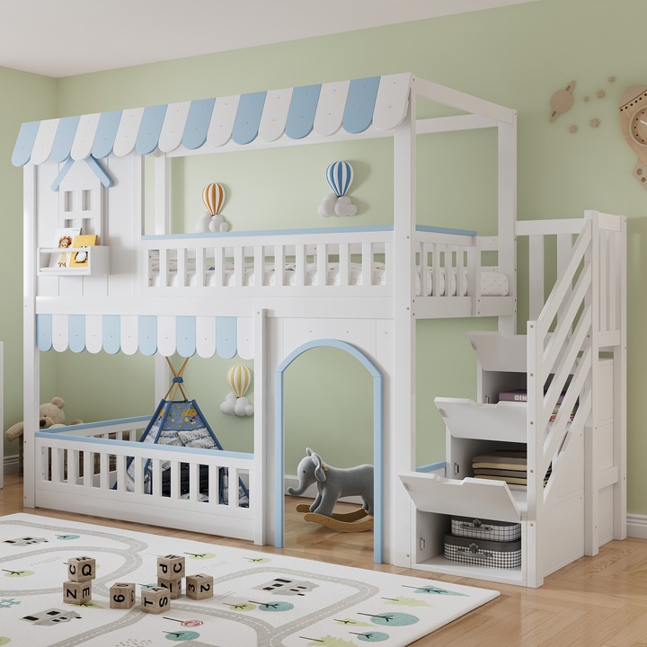 Pat supraetajat pentru copii, Sweiko, alb și albastru, cu unitate de depozitare și somieră robustă, 90x200cm