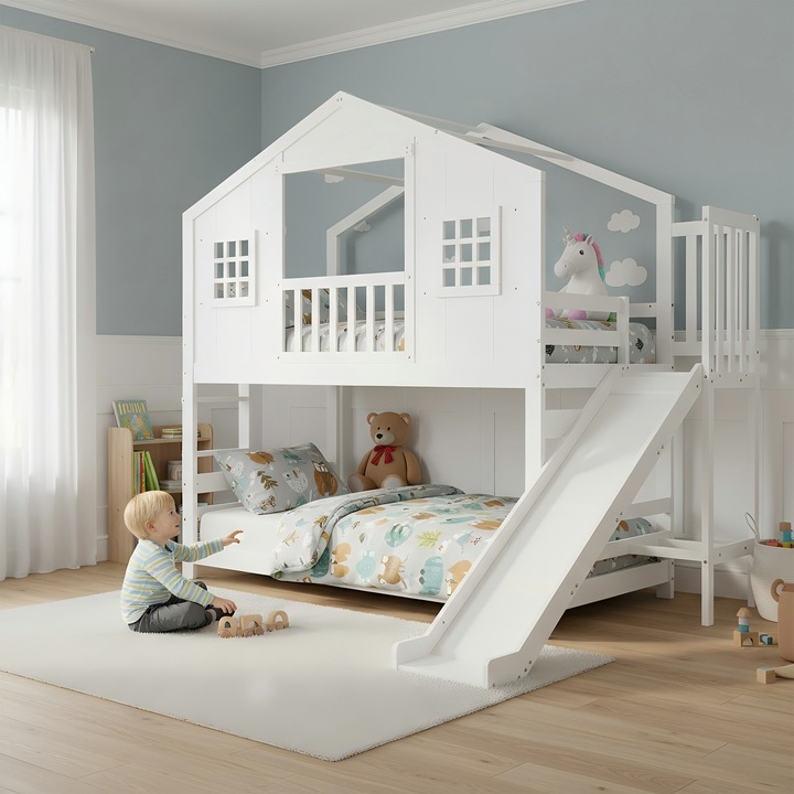 Pat supraetajat cu tobogan, Sweiko, alb, 90x200cm, piatră de siguranță suplimentară, design cu fereastră și acoperiș