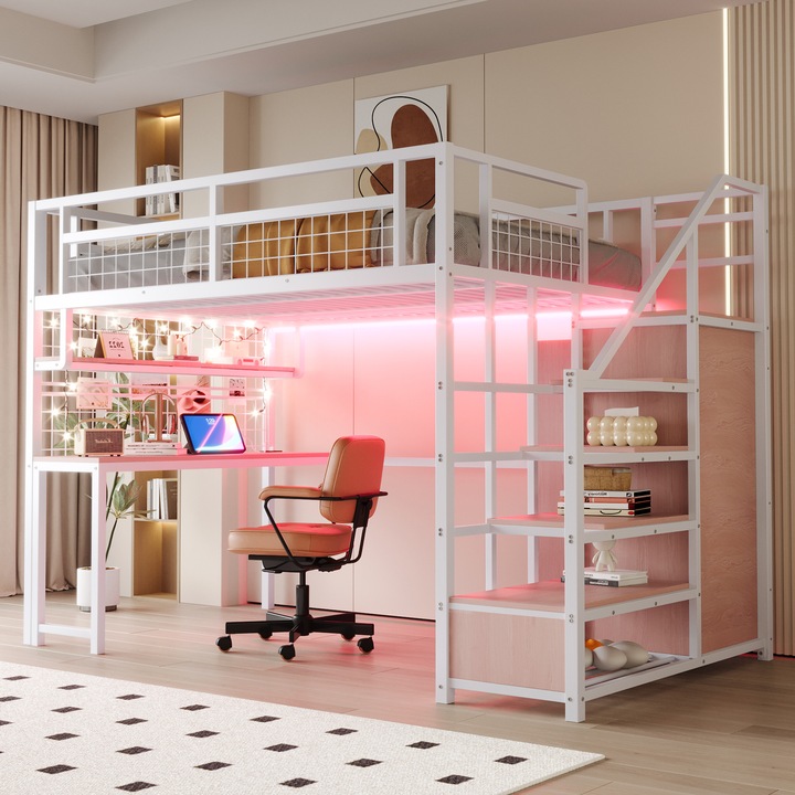 Pat supraetajat metalic Sweiko, alb, cu birou integrat și scara de depozitare, 140x200cm