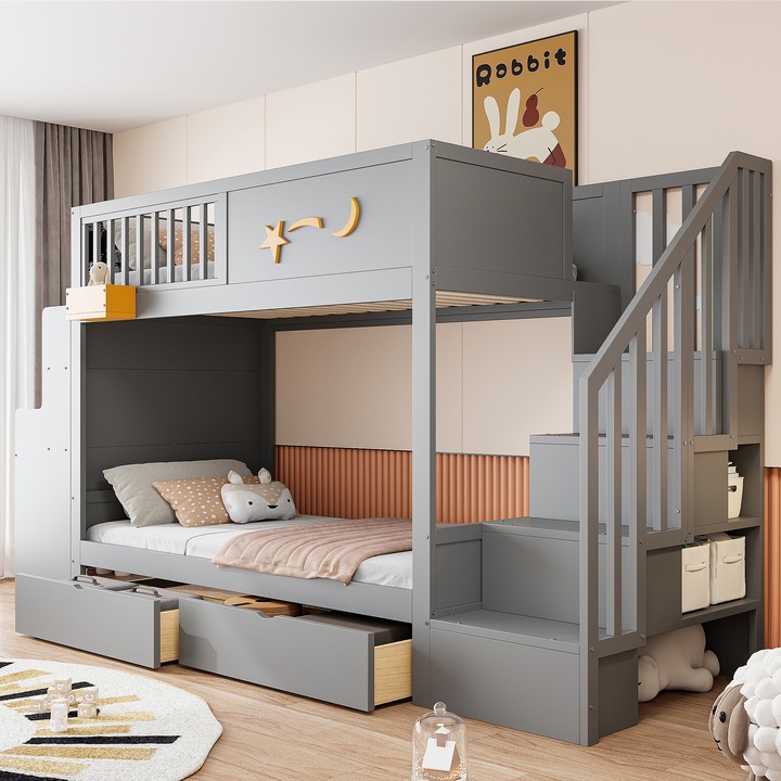 Pat supraetajat pentru copii, Sweiko, gri, 90x200cm, cu sertare și birou integrat