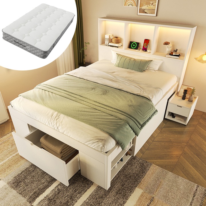 Pat functional cu noptieră mobilă, lemn alb, dimensiune 90x200, cu spațiu de depozitare, LED, USB-C