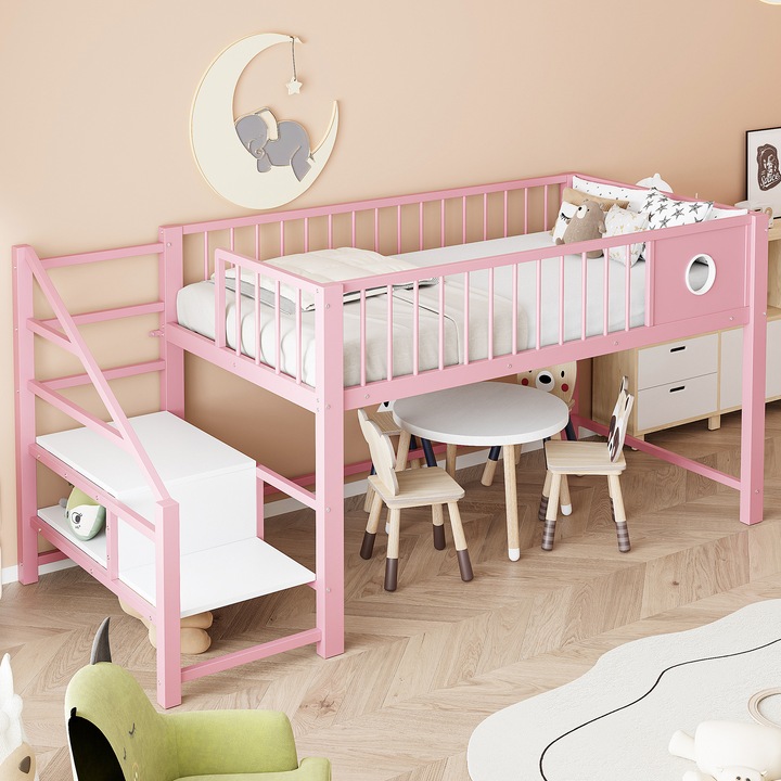 Pat supraetajat jos Sweiko, metal, roz, 90x200cm, cu scara si spatiu de depozitare